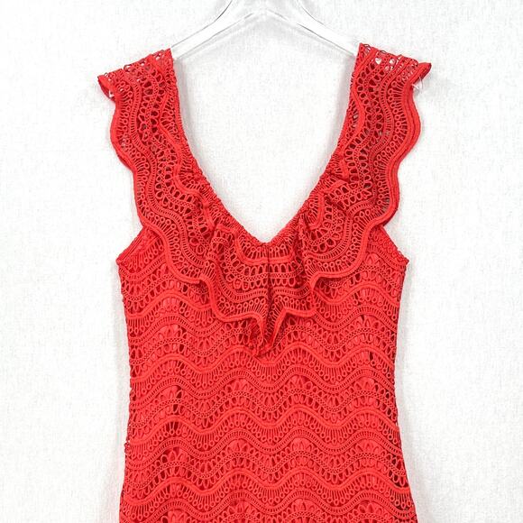 SAYLOR Crochet Lace Short Fern Dress Womens Medium Orange Sleeveless Ruffle Mini - Picture 8 of 16